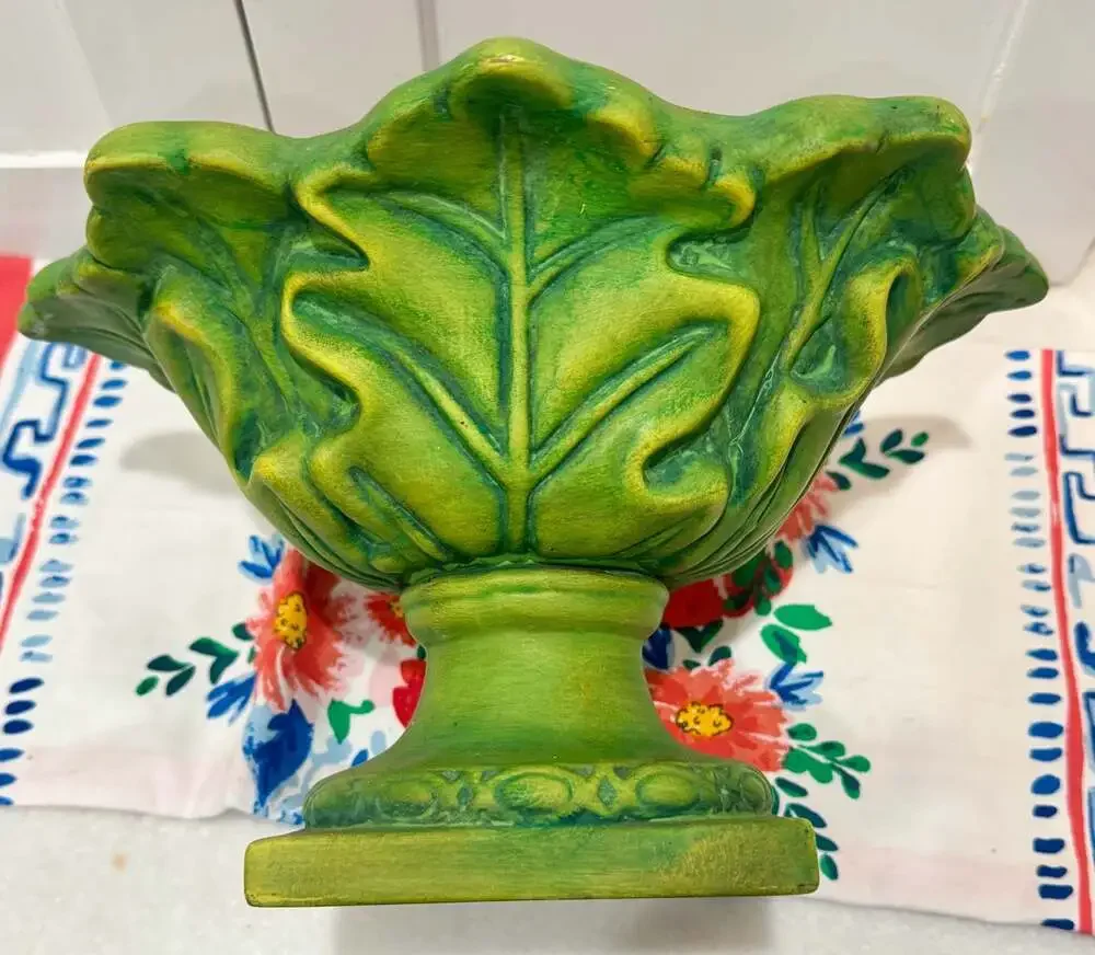 Vintage Mid-Century Majolica Style Green Cabbage Leaf Pedestal Compote Dish